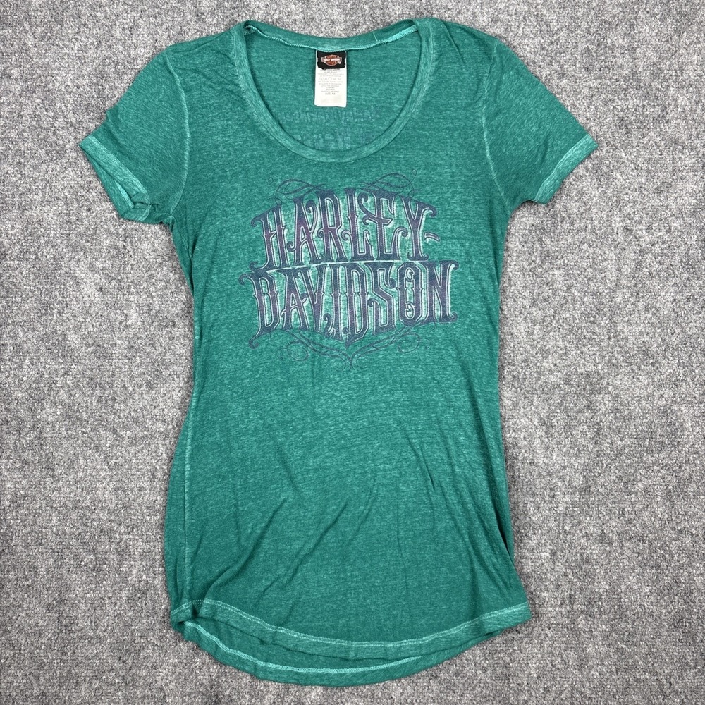 Harley Davidson Women's Scoop Neck Tee Green Burnout Wausau WI Size XS